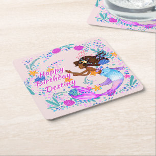 Dessous-de-verre Carré En Papier Ajouter un nom Texte Mermaid Pink Mauve Aqua Party