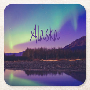 Dessous-de-verre Carré En Papier Alaska Northern Lights Mountains Lake