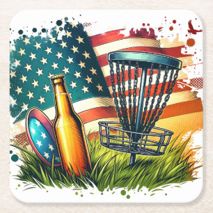 Dessous-de-verre Carré En Papier American Flag Disk Golf and Beer