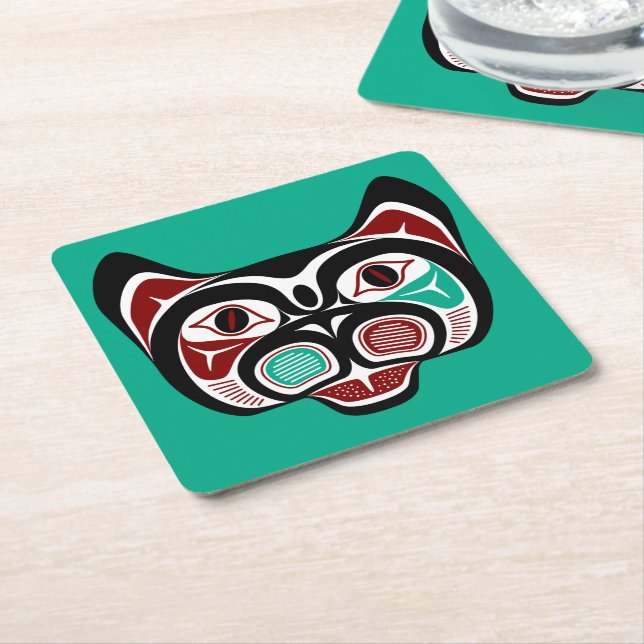 Dessous-de-verre Carré En Papier Amérindien Rouge Blanc Noir Haida Kitty (Incliné)