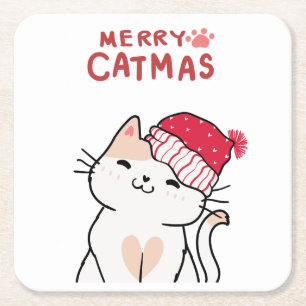 Dessous-de-verre Carré En Papier Amusant Amoureux des chats de Noël Santa Hat Kitte