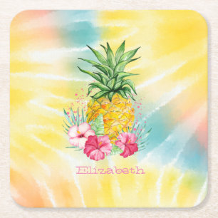 Dessous-de-verre Carré En Papier Ananas, Hibiscus Aquarelle Arc-en-ciel Tie-Dye