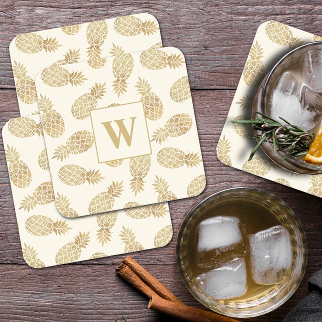 Dessous-de-verre Carré En Papier Ananas Monogram Gold sur ivoire (Créateur téléchargé)