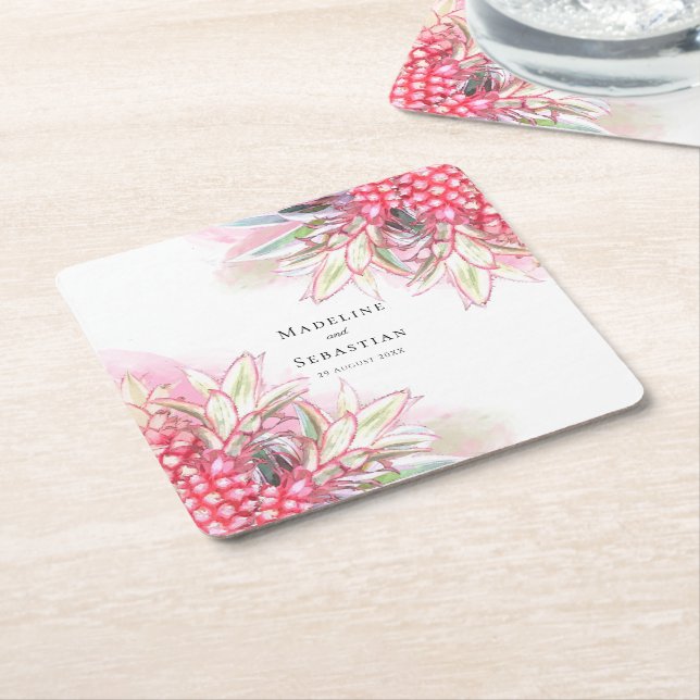 Dessous-de-verre Carré En Papier Ananas rose exotique Mariage (Incliné)