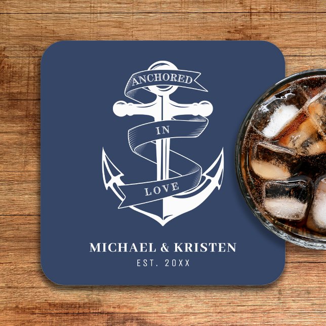 Dessous-de-verre Carré En Papier Ancré en amour Nautique Bleu Ancre Mariage (Anchored in Love Nautical Blue Anchor Wedding Square Paper Coaster
)