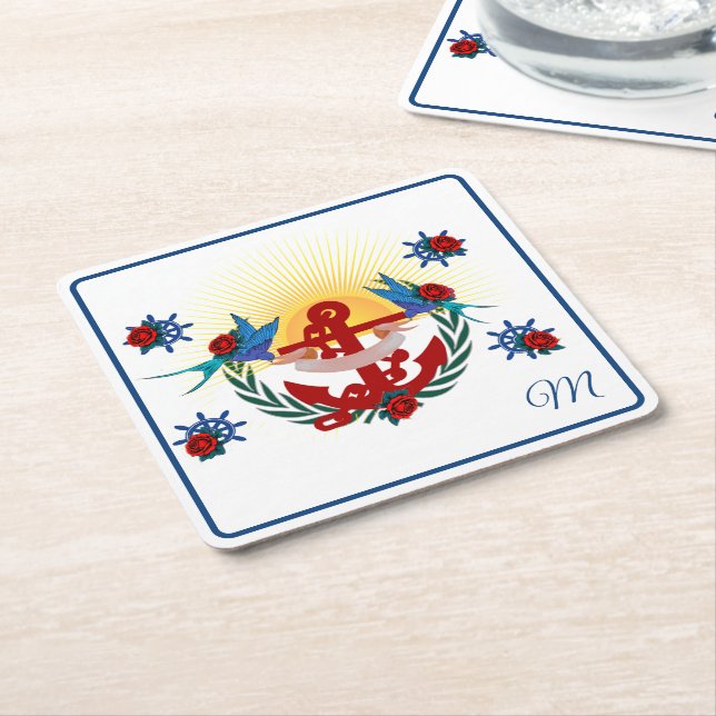 Dessous-de-verre Carré En Papier Ancre marine Floral Bleu rouge (Incliné)