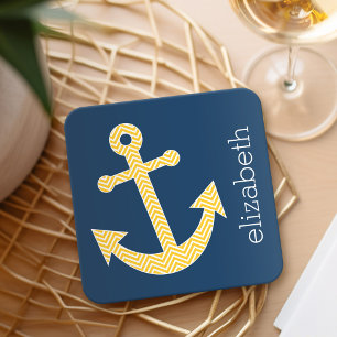 Dessous-de-verre Carré En Papier Ancre nautique avec Motif Navy Jaune Chevron