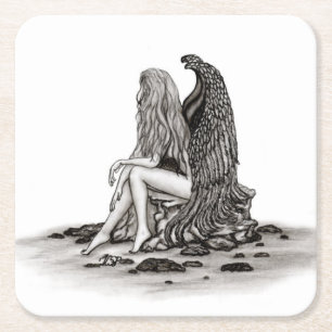 Dessous-de-verre Carré En Papier Angel, perdu dans la pensée, noir et blanc Design