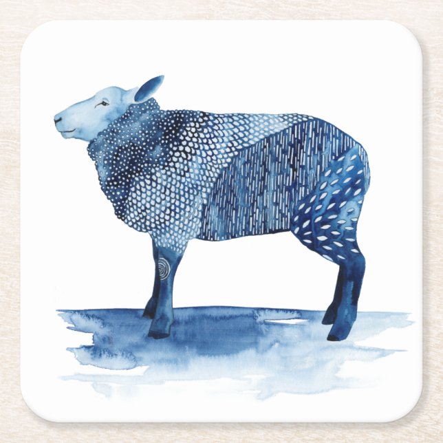 Dessous-de-verre Carré En Papier Animaux de ferme de bleu de cobalt - moutons (Devant)