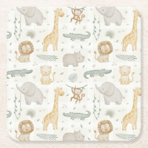 Dessous-de-verre Carré En Papier Animaux de Safari Jungle Verdure Vichy Vert