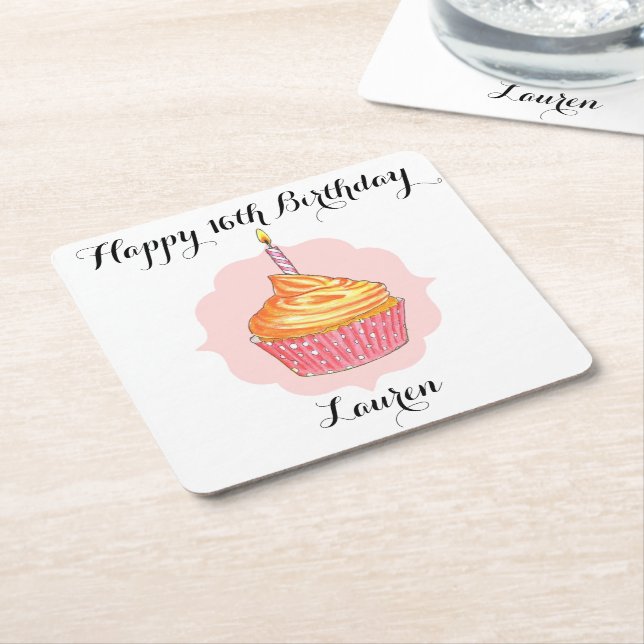 Dessous-de-verre Carré En Papier Anniversaire Cupcake rose Personnalisé (Incliné)