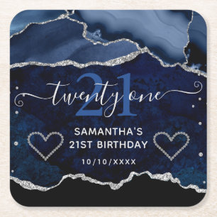 Dessous-de-verre Carré En Papier Anniversaire de Faux Glitter Agate Marble Bleu & A