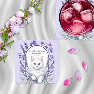 Dessous-de-verre Carré En Papier Anniversaire élégant de Lavande et de Chat