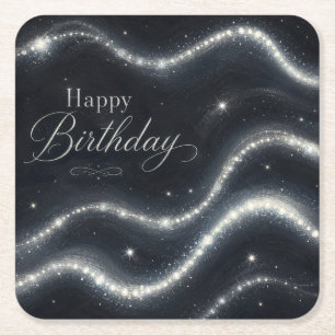 Dessous-de-verre Carré En Papier Anniversaire Élégant Noir Argent Diamant Vagues
