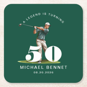 Dessous-de-verre Carré En Papier Anniversaire Personnalisé Golfeur Sportif Vert 50