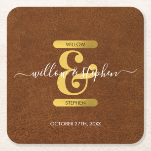 Dessous-de-verre Carré En Papier Antique Faux Mariage en cuir et en or