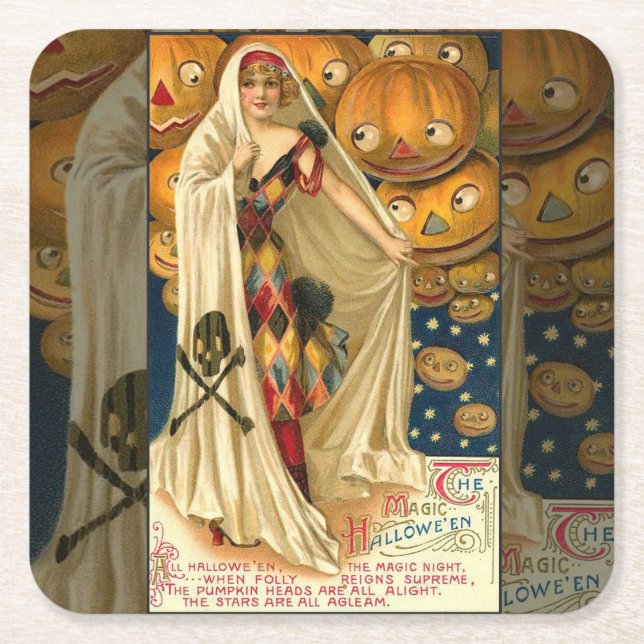 Dessous-de-verre Carré En Papier Antique Halloween Jack-o'-lantern Costume Femme (Devant)