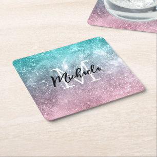 Dessous-de-verre Carré En Papier Aqua blue Pink ombre mer galaxie abstraite Monogra