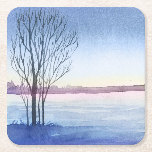 Dessous-de-verre Carré En Papier Aquarelle Arbre d'hiver Froid Lac Réutilisable (Devant)