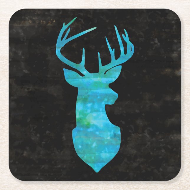 Dessous-de-verre Carré En Papier Aquarelle bleue Cerf Silhouette (Devant)