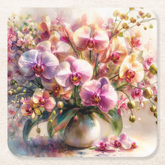 Dessous-de-verre Carré En Papier Aquarelle botanique - Art floral d'orchidée