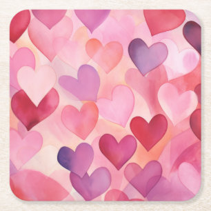 Dessous-de-verre Carré En Papier Aquarelle Coeur Motif Moderne Contemporain Rose