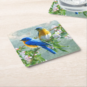 Dessous-de-verre Carré En Papier Aquarelle couleur bleu clair jaune Oiseaux cerisie