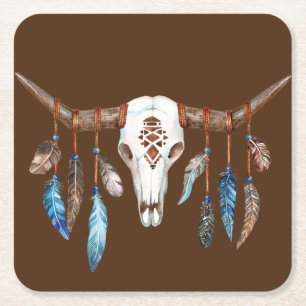 Dessous-de-verre Carré En Papier Aquarelle Crâne occidental avec plumes