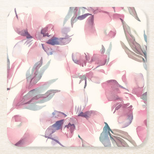 Dessous-de-verre Carré En Papier Aquarelle de pivoines : arrière - plan floral tran