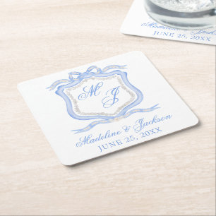 Dessous-de-verre Carré En Papier Aquarelle Designer Blue Monogram Crest Mariage
