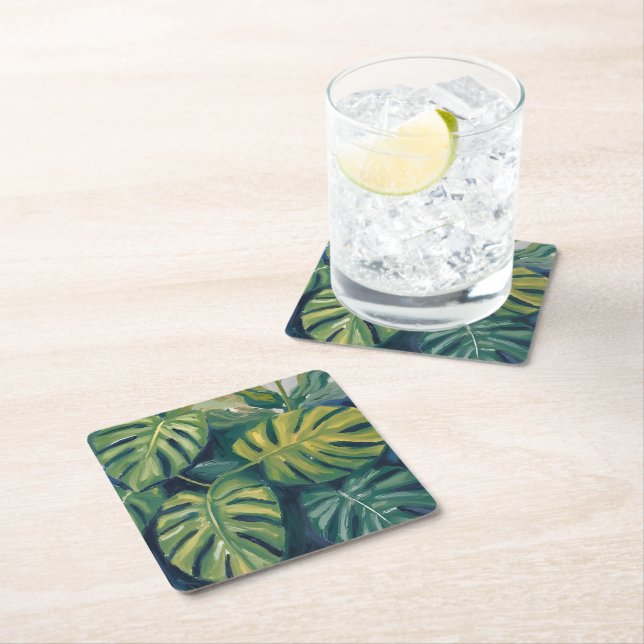 Dessous-de-verre Carré En Papier Aquarelle Feuille Monstera (En situation)