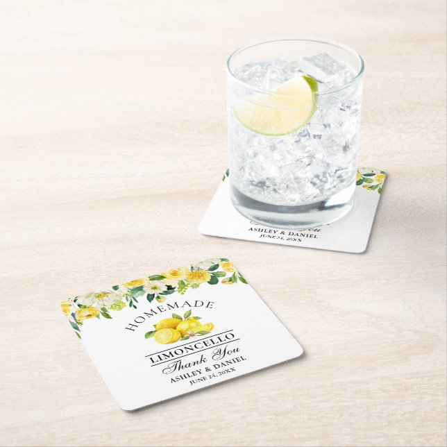 Dessous-de-verre Carré En Papier Aquarelle Floral Lemons Limoncello Mariage (En situation)