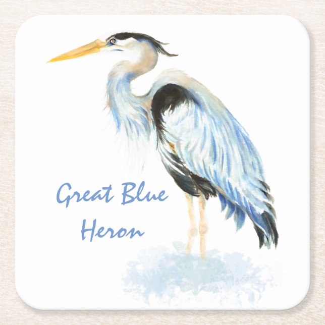 Dessous-de-verre Carré En Papier Aquarelle Great Blue Heron Oiseau Art (Devant)