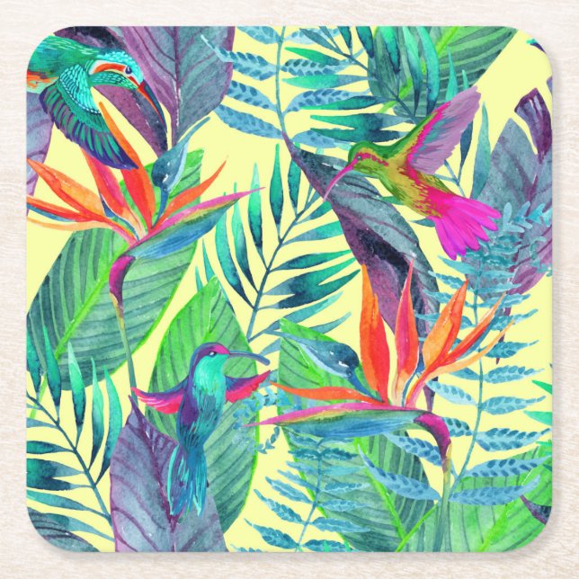 Dessous-de-verre Carré En Papier Aquarelle Humminbirds dans la jungle 2 (Devant)
