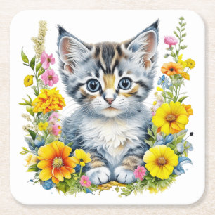 Dessous-de-verre Carré En Papier Aquarelle Kitten en Fleurs Jaunes et Roses