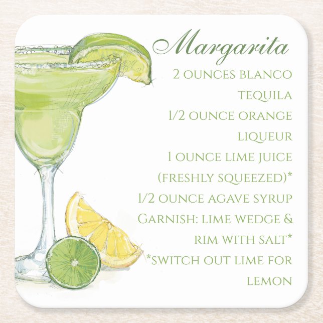 Dessous-de-verre Carré En Papier Aquarelle Margarita Cocktail Recette Aquarelle (Devant)