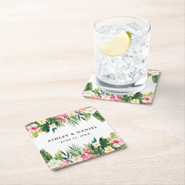 Dessous-de-verre Carré En Papier Aquarelle Mariage floral tropical (En situation)