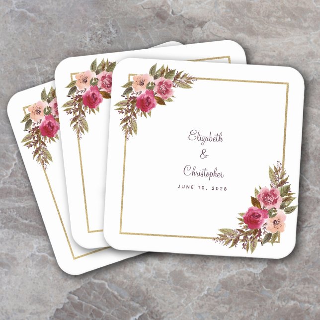 Dessous-de-verre Carré En Papier Aquarelle Mariage personnalisée Elégant Floral (Créateur téléchargé)