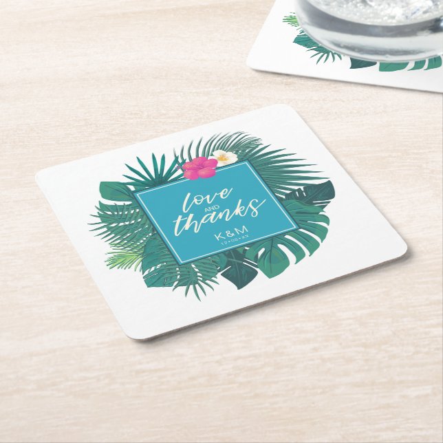 Dessous-de-verre Carré En Papier Aquarelle Mariage tropical Merci ID Turquoise577 (Incliné)