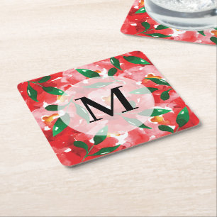 Dessous-de-verre Carré En Papier Aquarelle Monogramme floral rouge