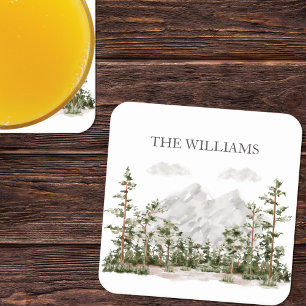 Dessous-de-verre Carré En Papier Aquarelle monogramme Montagne et forêt