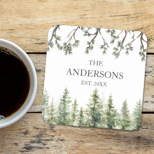 Dessous-de-verre Carré En Papier Aquarelle Monogramme Pins rustiques et branches