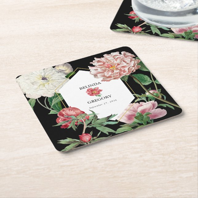 Dessous-de-verre Carré En Papier Aquarelle Peonies rose Fleurs Mariage Noir (Incliné)
