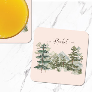 Dessous-de-verre Carré En Papier Aquarelle Pine Forêt et montagne Rustique