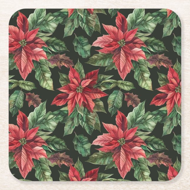 Dessous-de-verre Carré En Papier Aquarelle Poinsettia fleur Noël (Devant)