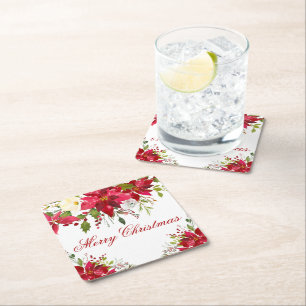 Dessous-de-verre Carré En Papier Aquarelle Poinsettia Floral Joyeux Noël
