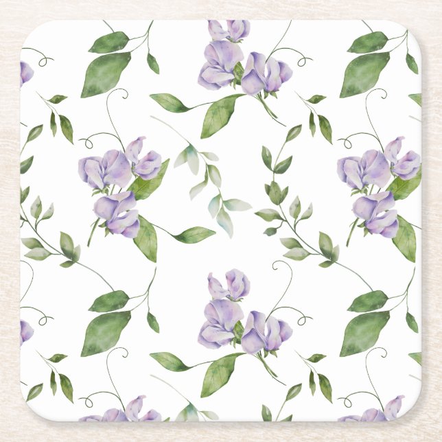 Dessous-de-verre Carré En Papier Aquarelle Purple Pois Doux Fleurs (Devant)