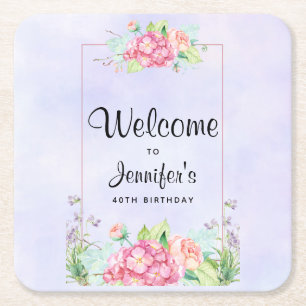 Dessous-de-verre Carré En Papier Aquarelle rose moderne Cadre Floral Anniversaire