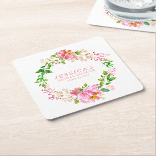 Dessous-de-verre Carré En Papier Aquarelle rose pâle personnalisée Fleurs de douche