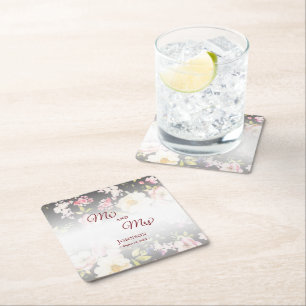 Dessous-de-verre Carré En Papier Aquarelle rose Roses jaunes, noir flou, Mariage